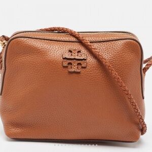 Tory Burch Tan Leather Shoulder Bag Braided Strap TB Monogram Pebbled EUC